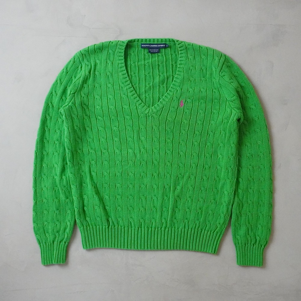 Ralph Lauren Sport V-Neck Cable Knit Sweater XL Womens Green Pony Cotton